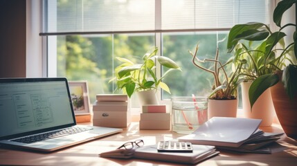Sunlight streams through a large window, illuminating a home office with plants and an organized desk setup, promoting productivity and calmness.
