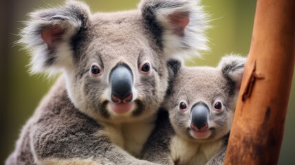 Naklejka premium Three koalas cuddle adorably against a neutral backdrop, capturing a moment of sheer cuteness and affection.