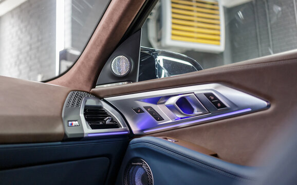  BMW XM 50e hybrid car from the German brand. Steering wheel, dashboard. BMW XM luxury crossover SUV manufactured by the German automobile manufacturer BMW. 