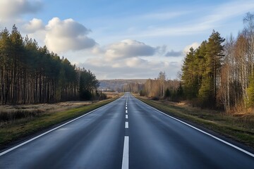 Empty road leading into the forest under blue sky with clouds