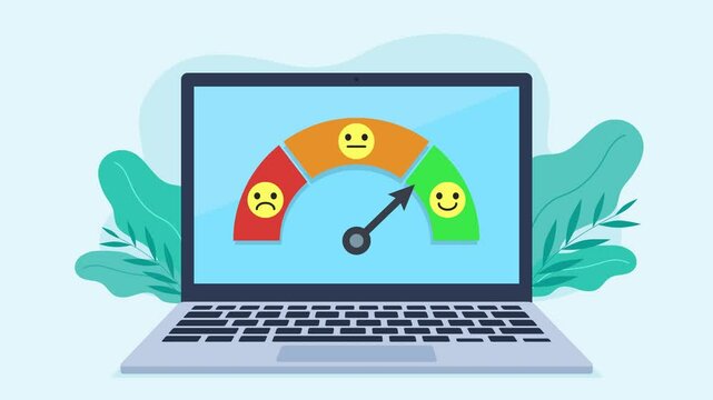 On the laptop screen, there is a customer satisfaction meter with a pointer and sad, neutral and smiling emojis. Next to it are comments from customers with five stars. Flat design video.