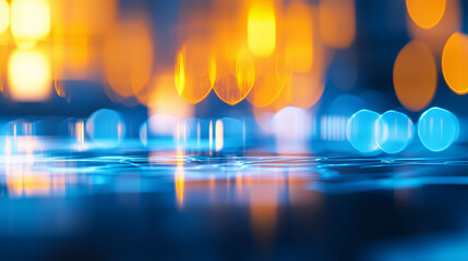 A soft focus, abstract blur of a modern cleaning workplace, with blue tones creating a clean and organized feel. The background features faint shapes of equipment and tools, with a