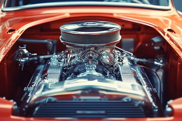 Closeup of a shiny, chrome plated classic car engine