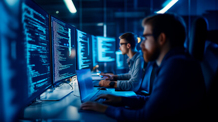 A group of developers working collaboratively on creating a software script for an open-source automation platform. Their screens show lines of code alongside an open robotic softw