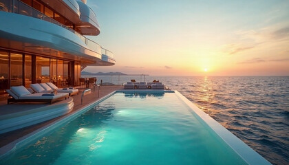 Fototapeta premium Rear view of a superyacht with an elegant pool at sunset, exuding opulence and luxury.