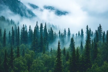 Fototapeta premium Mist Shrouded Forest With Mountain Peaks