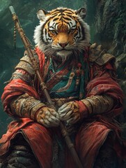 Fototapeta premium Majestic Tiger Warrior in Traditional Armor Holding Staff in Mystical Forest Image