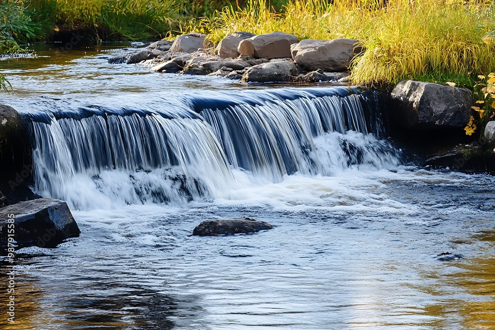 Sticker Small waterfall on a river flowing over rocks, beautiful natural landscape