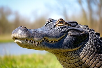 Obraz premium Close up Portrait of an Alligator with Sharp Teeth and Green Background