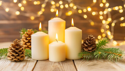 Festive candles decorated with pine cones, Christmas tree toys, pine branches on a blurred background with shiny bokeh lights. Christmas and New Year background