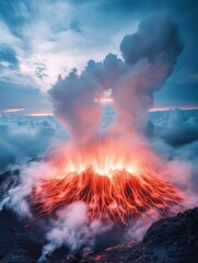 Dramatic volcanic eruption with explosive lava smoke and fiery clouds against a stormy sky