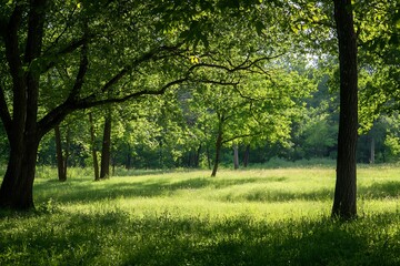 Obraz premium Sunlight shining through trees in a green forest clearing with tall grass