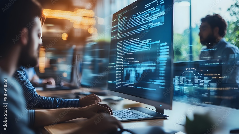 Poster programmer working on code in a modern office
