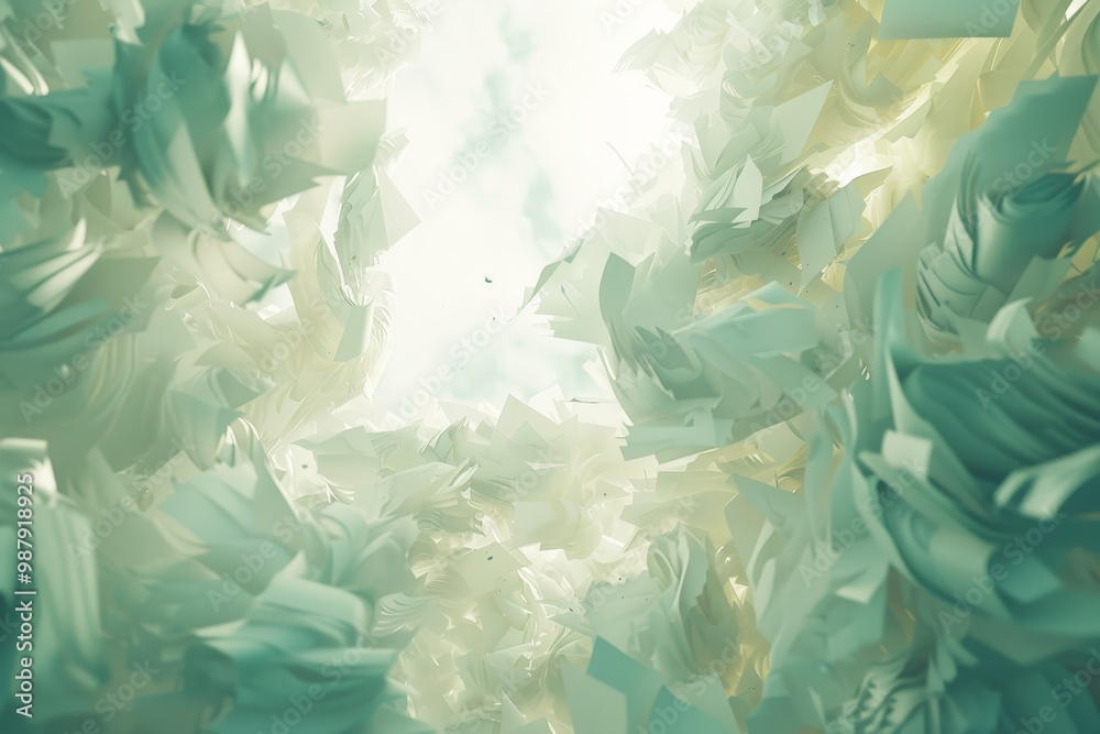 Poster Abstract paper shapes floating in a bright, ethereal space, illuminated with soft light, creating a sense of dynamic, airy movement and artistic design.