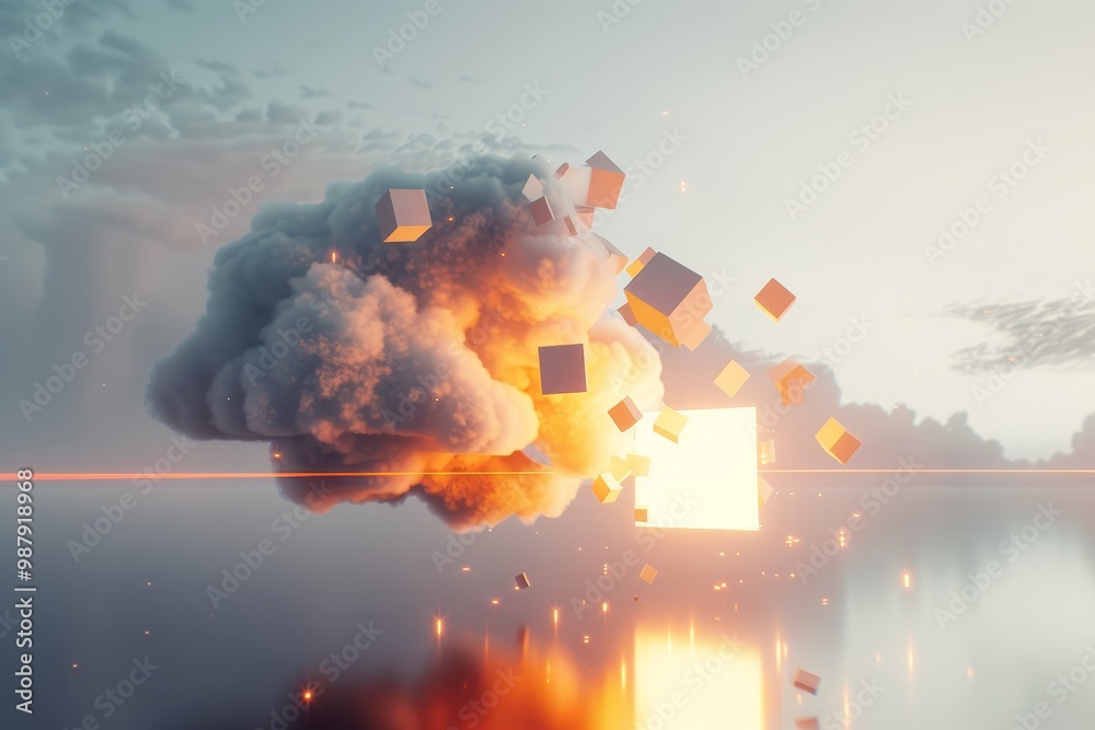 Aufkleber Cubes float amidst a glowing cloud in a surreal, abstract scene, capturing a futuristic aesthetic with a unique interplay of light and shapes.