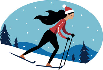 Cross country skier on snowy trail. Skiing concept vector illustration. Winter adventure, mountain slope, outdoor sport.