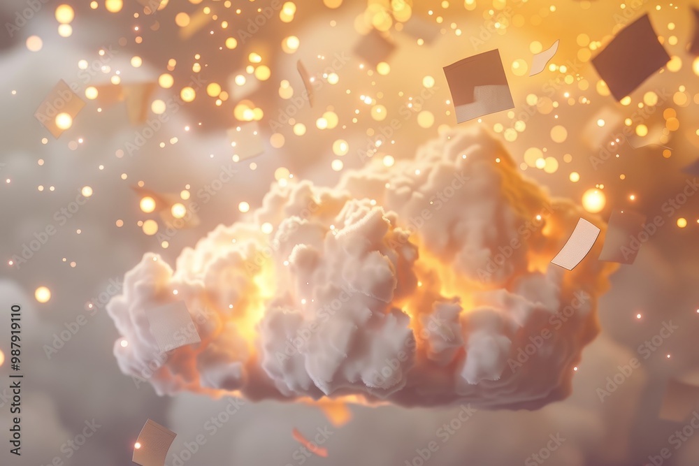 Poster a glowing cloud surrounded by floating paper fragments in a surreal, minimalistic design, evoking a 