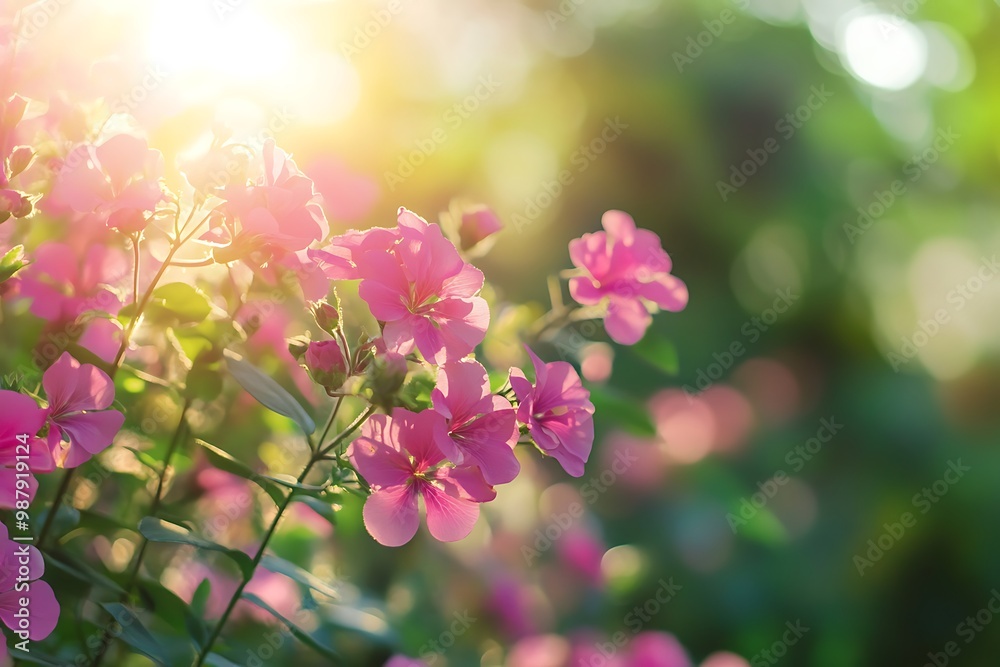 Wall mural Pink flowers in the garden with sun flare. Floral background with soft focus and blur. Nature, summer, bloom, beauty