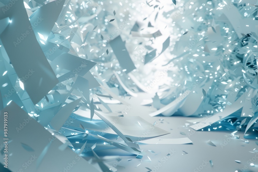 Poster Abstract paper shapes floating in a bright, ethereal space, illuminated with soft light, creating a sense of dynamic, airy movement and artistic design.