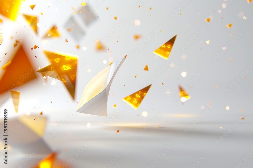 Aufkleber Abstract yellow geometric shapes floating in a bright, minimalistic space, creating a dynamic visual effect and a sense of modern, digital design.