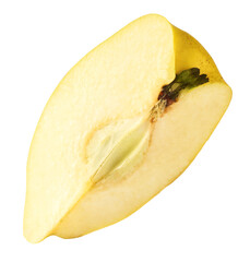 Fresh ripe yellow Quince fruit  falling in the air isolated on white background. Food levitation or...