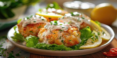 Crab cakes garnished with crisp romaine, sliced lemon, and zesty tartar sauce.