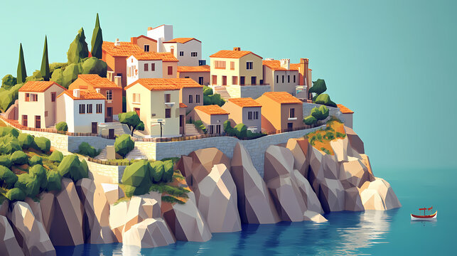 Low-poly cliffside village with sea view. Cliffside View. Illustration