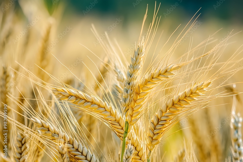 Wall mural Close up of golden wheat stalks in a field