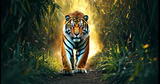 tiger in the forest walking forward. Big cat very dangerous look.