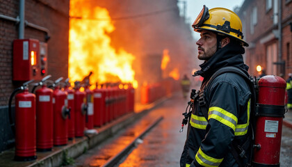 Fototapeta premium Fully equipped firefighter intervening in a fire emergency.
