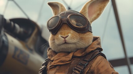 Adorable Aviator Bunny with Goggles and Scarf Posing in Front of Vintage Airplane at Sunset Image