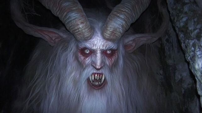 Krampus in the Shadows: A chilling visage of the mythical Krampus, the horned beast of Yuletide lore, emerges from the darkness, a stark reminder of the shadows that lurk beneath festive cheer. 