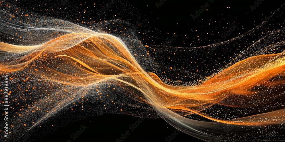 Poster mesmerizing array of orange particles clusters into an undulating wave, glowing intensely against th