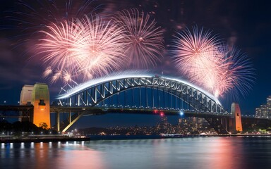 Naklejka premium Fireworks display over a bridge at night.