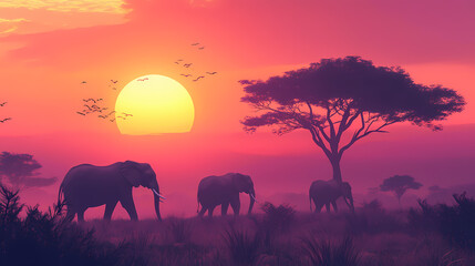 Fototapeta premium Majestic african elephants roaming savanna at sunset, wildlife photography composition. Savannah Sunset. Illustration