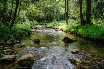 Obraz premium Peaceful Forest River Scene with Tranquil Flowing Water and Lush Greenery
