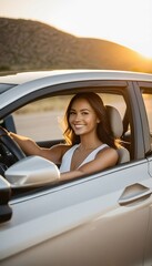 Naklejka premium driving smiling sunset car happy beautiful woman ng joyful new drive car woman happy new road trip summer safety sunset auto speed female street carefree vehicle technology travel sitting