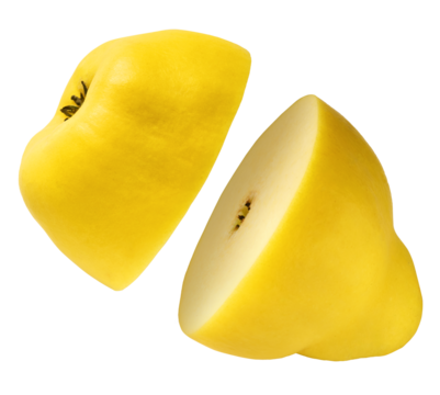 Fresh ripe yellow Quince fruit  falling in the air isolated on white background. Food levitation or zero gravity conception