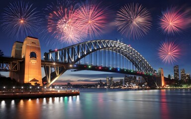 Fireworks explode over a bridge at night, illuminating the cityscape.