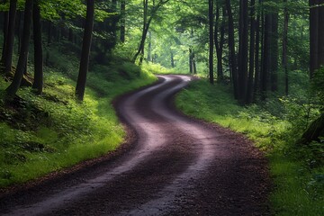 Fototapeta premium Sunlight shining through trees on a winding road in a green forest