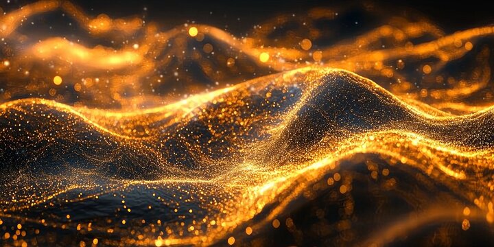 Radiant clusters of orange particles dance fluidly against a deep black background, forming a dynamic wave that exudes energy and artistic brilliance, captivating the viewer's imagination.