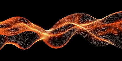 captivating arrangement of orange particles forms a vibrant wave, radiating light and energy against a stark black background, creating a mesmerizing abstract visual experience.