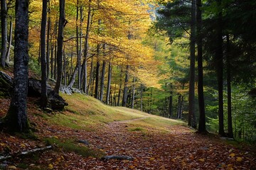Fototapeta premium Path through autumn forest with golden leaves and tall trees