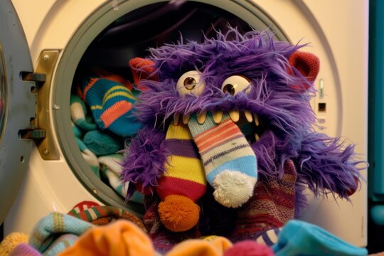 Funny monster surrounded by colorful socks in a laundry mess, creating a playful and chaotic scene with lots of character and humor.