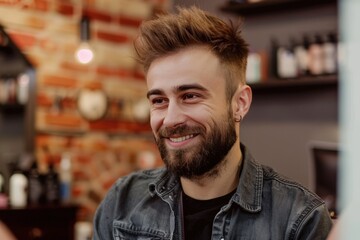 Fototapeta premium Two men are sitting on a couch, one of them smiling, generative ai image