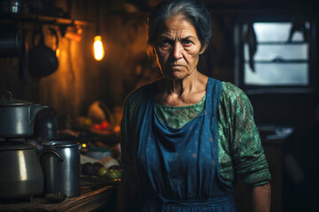 Obraz premium elderly woman stands in a dimly lit, modest kitchen, wearing a worn blue apron and showing a stern expression. themes of poverty and hardship.