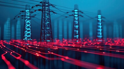 A visually striking representation of power lines and towers, illuminated in blue and red lights, conveying a futuristic and technological ambiance.
