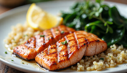 Grilled salmon with lemon rice and spinach, visually appealing and delicious presentation.






