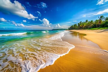 Tranquil Beach Scene with Soft Waves, Golden Sand, and Clear Blue Sky for Relaxing Vacations and Retreats