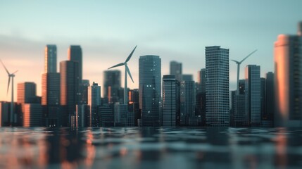 Fototapeta premium A modern cityscape featuring sleek skyscrapers and wind turbines, reflecting a sustainable future with a serene water surface.
